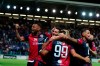 Cagliari's Giovanni Simeone, center, celebrates with his teammates after scoring the first goal of the game during the Italian Serie A soccer match between Cagliari Calcio and Genoa CFC at Sardegna Arena stadium in Cagliari, Sardinia island, Italy, Friday, Sept. 20, 2019 (Fabio Murru/ANSA via AP)