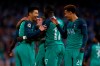 Tottenham's Son Heung-Min, left, celebrates scoring during the Champions League quarterfinal, second leg, soccer match between Manchester City and Tottenham Hotspur at the Etihad Stadium in Manchester, England, Wednesday, April 17, 2019. (AP Photo/Dave Thompson)