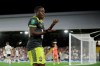 Southampton's Michael Obafemi celebrates scoring his side's first goal during the English League Cup second round soccer match between Fulham and Southampton at Craven Cottage stadium in London, Tuesday, Aug. 27, 2019. (AP Photo/Matt Dunham)
