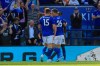 Leicester's Ricardo Pereira, right, celebrates scoring his side's first goal during the English Premier League soccer match between Leicester City and Tottenham Hotspur at the King Power Stadium in Leicester, England, Saturday, Sept. 21, 2019. (AP Photo/Leila Coker)