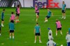 Chelsea players including Gonzalo Higuain, center top, take part in a soccer training session at the Olympic stadium in Baku, Azerbaijan, Tuesday, May 28, 2019. English Premier League teams Arsenal and Chelsea are preparing for the Europa League Final soccer match that takes place in Baku on Wednesday night. (AP Photo/Dmitri Lovetsky)