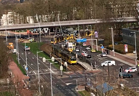 In this image taken from the Twitter page of Lilian Bruigom, emergency services attend the scene of a shooting in Utrecht, Netherlands, Monday March 18, 2019. Police in the central Dutch city of Utrecht say on Twitter that 