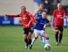 Everton's Lucy Graham, right, and Manchester United's Katie Zelem battle for the ball during the FA Women's Continental League Cup match at Haig Avenue, Liverpool, England, Sunday Nov. 3, 2019. (Nigel French/PA via AP)