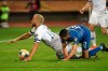 Jorginho of Italy, right, tackles Teemu Pukki of Finland during the Euro 2020 Group J qualifying soccer match between Finland and Italy in Tampere, Finland, Sunday Sept. 8, 2019. (Markku Ulander/Lehtikuva via AP)