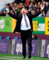 Burnley manager Sean Dyche reacts during the English Premier League soccer match between Burnley and Wolverhampton Wanderers at the Turf Moor stadium, Burnley, England. Saturday, March. 30, 2019. (Anthony Devlin/PA via AP)