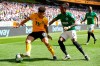 Wolverhampton Wanderers' Morgan Gibbs-White, left, and Brighton & Hove Albion's Gaetan Bong battle for the ball during the English Premier League soccer match between Wolverhampton Wanders and Brighton and Hove Albion at the Molineux stadium, Wolverhampton, England. Saturday, April 20, 2019 (Nick Potts/PA via AP)
