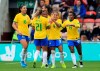 Brazils Oliveira Debora, second right, celebrates scoring against England during the international friendly soccer match at the Riverside Stadium, Middlesbrough, England, Saturday Oct. 5, 2019. (Owen Humphreys/PA via AP)