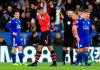 Southampton's Yan Valery, center, is sent off by Referee Michael Oliver during the English Premier League soccer match between Leicester City and Southampton at the King Power stadium, Leicester, England. Saturday, Jan. 12, 2019 (Mike Egerton/PA via AP)