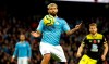 Manchester City's Sergio Aguero in action during the English Premier League soccer match against Southampton at The Etihad Stadium, Manchester, England, Saturday Nov. 2, 2019. (Martin Rickett/PA via AP)
