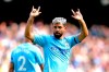 Manchester City's Sergio Aguero celebrates scoring his side's third goal of the game during the English Premier League soccer match at the Etihad Stadium, Manchester, England, Saturday Aug. 31, 2019. (Nick Potts/PA via AP)
