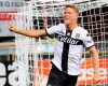 Parma's Andreas Cornelius jubilates after scoring a goal against Torino during the Italian Serie A soccer match, Parma Calcio vs Torino FC at the Ennio Tardini stadium in Parma, Italy, Monday Sept. 30, 2019. (Serena Campanini/ANSA via AP)