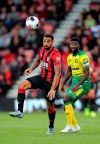 Bournemouth's Callum Wilson, left, and Norwich City's Alexander Tettey in action their English Premier League soccer match at the Vitality Stadium in Bournemouth, England, Saturday Oct. 19, 2019. (Mark Kerton/PA via AP)