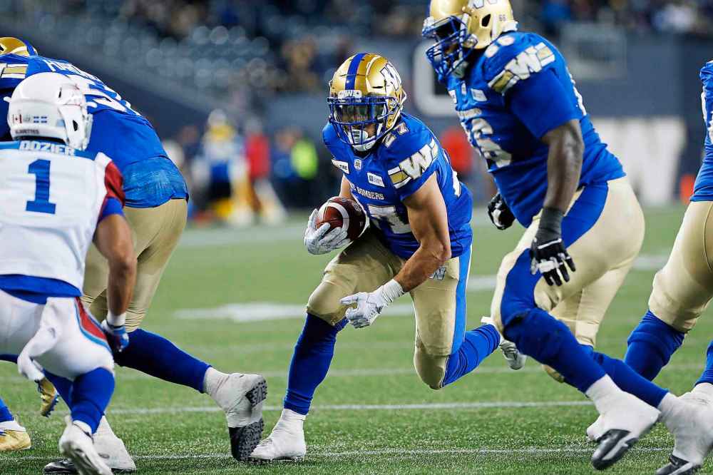 THE CANADIAN PRESS/John Woods
Winnipeg Blue Bombers' Kienan LaFrance came in to the game in relief of an injured Andrew Harris and managed to rack up 23 yards on eight carries, including a crucial seven-yard touchdown run in the first half.