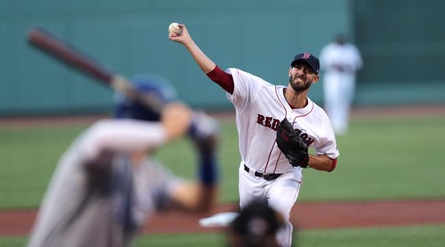 Boston Red Sox starting pitcher Rick Porcello delivers during the first inning of a baseball game against the Kansas City Royals at Fenway Park in Boston, Monday, Aug. 5, 2019. (AP Photo/Charles Krupa)