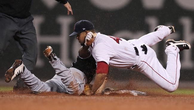 Boston Red Sox second baseman Marco Hernandez, right, collides with Chicago White Sox's Tim Anderson, who was caught trying to advance to second on his single during the fifth inning of a baseball game at Fenway Park in Boston, Tuesday, June 25, 2019. (AP Photo/Charles Krupa)