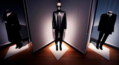 In this Thursday, March 14, 2019, photo, three mannequins are displayed with clothing that combines traditional designs for men with those for women for the 