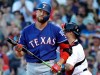 Texas Rangers' Hunter Pence reacts after striking out and leaving runners on, to end the eighth inning of a baseball game against the Boston Red Sox at Fenway Park, Wednesday, June 12, 2019, in Boston. (AP Photo/Elise Amendola)