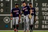 Minnesota Twins outfielders Eddie Rosario (20), Max Kepler (26) and Byron Buxton (25) celebrate after the Twins defeated the Boston Red Sox 2-1 in a baseball game at Fenway Park, Thursday, Sept. 5, 2019, in Boston. (AP Photo/Elise Amendola)