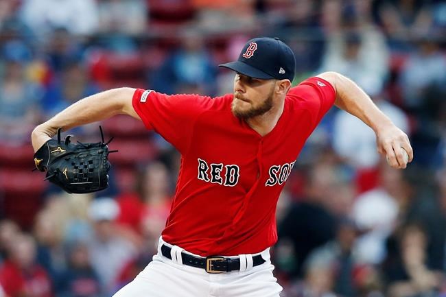 Boston Red Sox's Chris Sale pitches during the first inning of a baseball game against the Toronto Blue Jays in Boston, Friday, June 21, 2019. (AP Photo/Michael Dwyer)