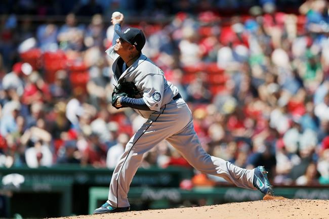Seattle Mariners' Felix Hernandez pitches during the first inning of a baseball game against the Boston Red Sox in Boston, Saturday, May 11, 2019. (AP Photo/Michael Dwyer)