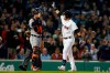 Boston Red Sox's Michael Chavis, right, celebrate his two-run home run in front of Detroit Tigers' John Hicks during the second inning of a baseball game in Boston, Thursday, April 25, 2019. (AP Photo/Michael Dwyer)