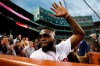 Former Boston Red Sox's David Ortiz waves to the crowd after throwing out a ceremonial first pitch before a baseball game against the New York Yankees in Boston, Monday, Sept. 9, 2019. (AP Photo/Michael Dwyer)