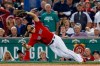 Boston Red Sox's Sam Travis catches a pop out by New York Yankees' Edwin Encarnacion during the sixth inning of a baseball game in Boston, Monday, Sept. 9, 2019. (AP Photo/Michael Dwyer)