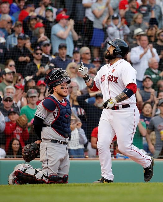 Boston Red Sox's Sandy Leon, right, points as he crosses home plate after hitting a three-run home run as Cleveland Indians catcher Roberto Perez (55) looks on during the fifth inning of a baseball game, Monday, May 27, 2019, in Boston. (AP Photo/Mary Schwalm)