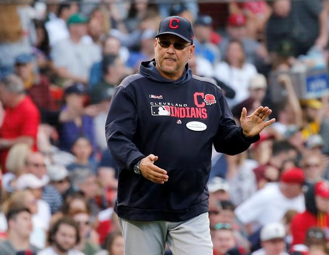 Cleveland Indians manager Terry Francona gestures as he walks to the mound to remove starting pitcher Jefry Rodriguez during the fifth inning of a baseball game against the Boston Red Sox, Monday, May 27, 2019, in Boston. (AP Photo/Mary Schwalm)