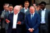 Bayern Munich President Uli Hoeness, left, gestures besides CEO Karl-Heinz Rummenigge during a reception for his soccer club at the Bavarian Chancellery in Munich, Germany, Wednesday, Aug. 28, 2019. (AP Photo/Matthias Schrader)