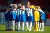 This Saturday, Sept. 14, 2019 taken photo shows Hertha BSC players gather prior to the Bundesliga match against FSV Mainz 05 in Mainz, Germany. Hertha Berlin’s fresh start under a new coach with additional millions provided by a new backer is not going to plan. Hertha has only one point from four Bundesliga games, its laudable 2-2 draw at defending champion Bayern Munich now but a distant memory after three straight defeats. (Thomas Frey/dpa via AP)