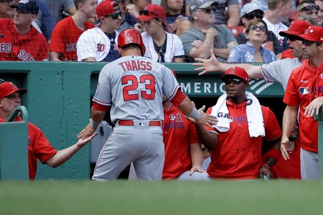 Los Angeles Angels' Matt Thaiss (23) is welcomed to the dugout after scoring on a hit by Shohei Ohtani in the second inning of a baseball game against the Boston Red Sox at Fenway Park, Sunday, Aug. 11, 2019, in Boston. (AP Photo/Steven Senne)