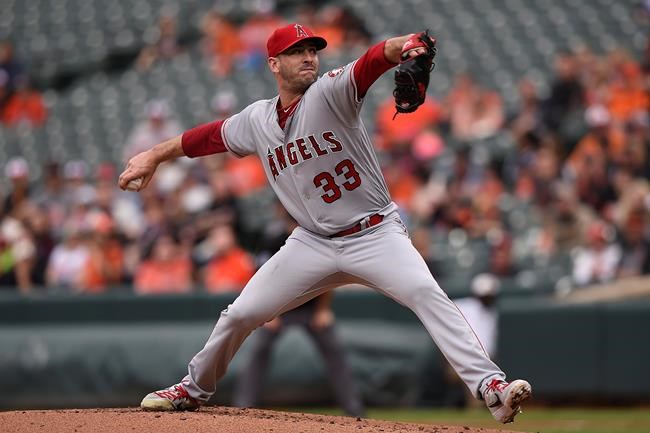 Los Angeles Angels pitcher Matt Harvey throws against the Baltimore Orioles in the first inning of a baseball game Saturday, May 11, 2019, in Baltimore. (AP Photo/Gail Burton)