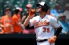 Baltimore Orioles' Renato Nunez reacts after hitting a two-run home run against the Detroit Tigers in the first inning of a baseball game, Monday, May 27, 2019, in Baltimore, (AP Photo/Gail Burton)