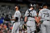 Chicago White Sox pitcher Ervin Santana, left, walks to the dugout during a pitching change in the fifth inning of a baseball game against the Baltimore Orioles, Wednesday, April 24, 2019, in Baltimore. (AP Photo/Gail Burton)