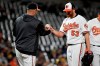 Baltimore Orioles starting pitcher Dan Straily (53) is pulled by manager Brandon Hyde (18) during the fourth inning of the team's baseball game against the Oakland Athletics, Wednesday, April 10, 2019, in Baltimore. (AP Photo/Will Newton)