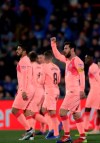 FC Barcelona's Lionel Messi celebrates after scoring during a Spanish La Liga soccer match between Getafe and FC Barcelona at the Alfonso Perez stadium in Getafe, Spain, Sunday, Jan. 6, 2019. (AP Photo/Manu Fernandez)