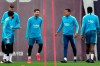 FC Barcelona's Lionel Messi, center left takes part in a training session with teammates at the Sports Center FC Barcelona Joan Gamper in Sant Joan Despi, Spain, Friday, May 24, 2019. FC Barcelona will play against Valencia in the Spanish Copa del Rey soccer match final on Saturday. (AP Photo/Manu Fernandez)