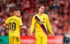 Barcelona's Antoine Griezmann, right, reacts during the Spanish La Liga soccer match between Athletic Bilbao and FC Barcelona at San Mames stadium in Bilbao, northern Spain, Friday, Aug. 16, 2019. (AP Photo/Ion Alcoba Beitia)
