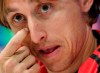 Real Madrid's Luka Modric gestures during a press conference at the team's Valdebebas training ground in Madrid, Spain, Monday, March 4, 2019. Real Madrid will play against Ajax in a Champions League soccer match on Tuesday. (AP Photo/Manu Fernandez)