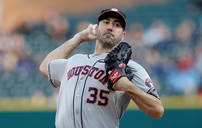 Houston Astros starting pitcher Justin Verlander throws during the first inning of a baseball game against the Detroit Tigers, Wednesday, May 15, 2019, in Detroit. (AP Photo/Carlos Osorio)