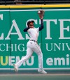 Detroit Tigers right fielder Niko Goodrum catches the ball hit by Cleveland Indians' Jose Ramirez during the fourth inning of a baseball game, Thursday, April 11, 2019, in Detroit. (AP Photo/Carlos Osorio)