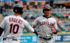 Cleveland Indians center fielder Leonys Martin is greeted by teammate Jake Bauers after scoring on a double by Jose Ramirez during the sixth inning of a baseball game against the Detroit Tigers, Wednesday, April 10, 2019, in Detroit. (AP Photo/Carlos Osorio)