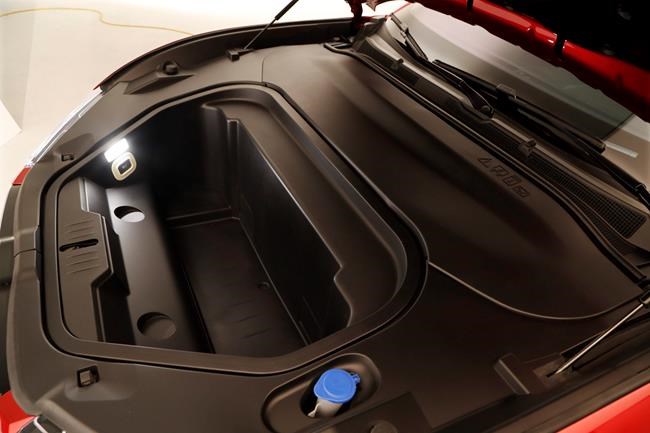 This Wednesday, Oct. 30, 2019 photo shows the front truck of the new Ford Mustang Mach-E SUV in Warren, Mich. Ford is hoping to score big with the electric SUV for daily drivers that sort of looks like a Mustang performance car. The new SUV, to be unveiled just ahead of the Los Angeles Auto Show press days, should have range of up to 300 miles. It's one of dozens of electric vehicles coming globally by 2022. Automakers are eyeing what they think will be a growing market in the years to come. (AP Photo/Carlos Osorio)