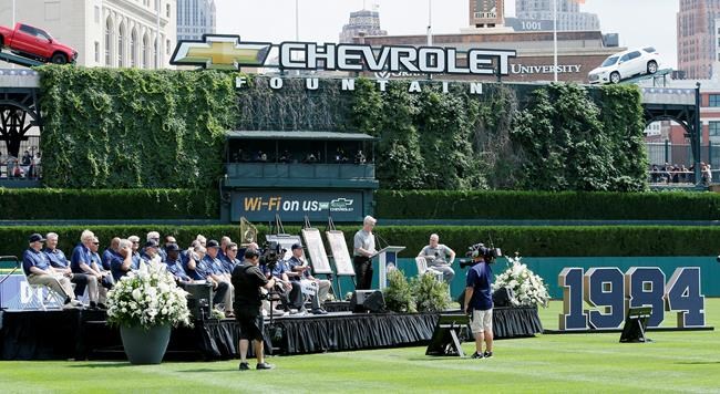 Members of the 1984 Detroit Tigers are celebrated on the 35th anniversary of their 1984 World Series championship before a baseball game against the Washington Nationals Saturday, June 29, 2019, in Detroit. (AP Photo/Duane Burleson)