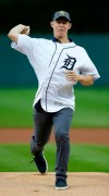 Jimmy Kerr, who played for the Michigan team which reached the finals of the College World Series, throws out a ceremonial first pitch before the Detroit Tigers' baseball game against the Baltimore Orioles on Friday, Sept. 13, 2019, in Detroit. (AP Photo/Duane Burleson)