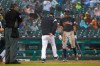 Detroit Tigers manager Ron Gardenhire kicks at the dirt near Cleveland Indians' Oscar Mercado after being ejected by home plate umpire Manny Gonzalez during the sixth inning of a baseball game in Detroit, Saturday, June 15, 2019. (AP Photo/Paul Sancya)