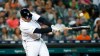 Detroit Tigers' Miguel Cabrera hits a broken-bat single during the third inning of the team's baseball game in Detroit, Friday, Sept. 20, 2019. (AP Photo/Paul Sancya)