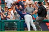 Minnesota Twins third baseman Miguel Sano (22)catches a Detroit Tigers' Niko Goodrum fly ball in foul territory for an out in the fifth inning of a baseball game in Detroit, Sunday, June 9, 2019. (AP Photo/Paul Sancya)