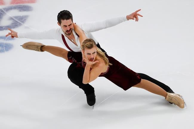 Madison Hubbell and Zachary Donohue perform their rhythm dance program at the U.S. Figure Skating Championships, Friday, Jan. 25, 2019, in Detroit. (AP Photo/Paul Sancya)